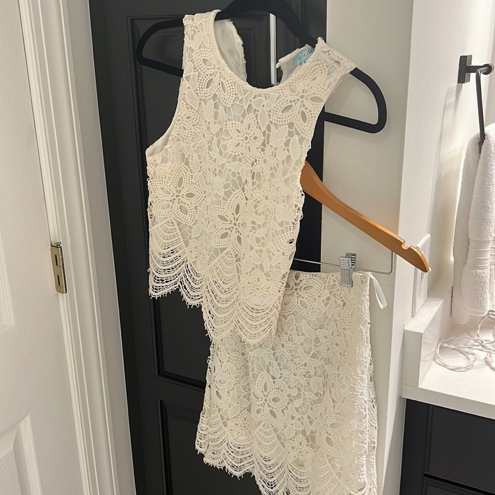 She + sky two piece crochet white skirt set- small